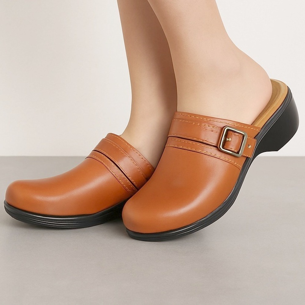 Vionic Orthotic Leather Clog‎ Mules Women's 7 EU 38 Tan Cognac Adjustable Buckle